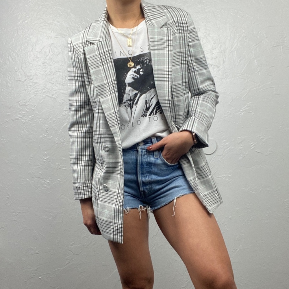 ASOS Bershka black/mint plaid blazer size Med, fits like small - Picture 1 of 10